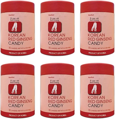 Caramelos de ginseng rojo coreano, 6.3 onzas, 30 caramelos duros (paquete de 6) (180 piezas en total)