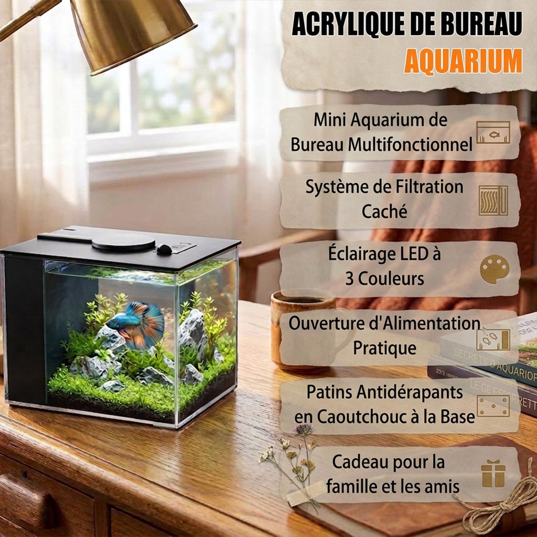 Petit Aquarium Complet 3,7L, Aquarium Betta en Acrylique avec Pompe de Filtration et éclairage LED, Idéal pour Les Petits Poissons, Les Crevettes et Les Plantes(Noir)