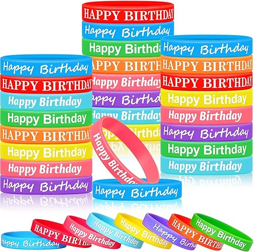BBTO 48 pulseras de goma de cumpleaños, pulseras elásticas de silicona, pulseras de silicona de colores para suministros de fiesta de cumpleaños