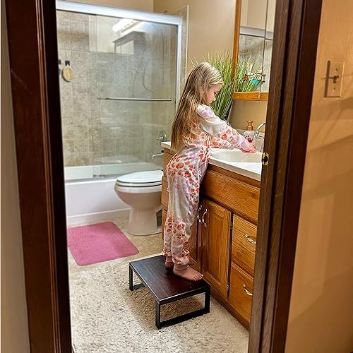 Miniatura 5 de Taburete de madera para adultos y niños con capacidad de carga de 350 libras, escalones de cama con mango práctico y pies de goma antideslizantes,
