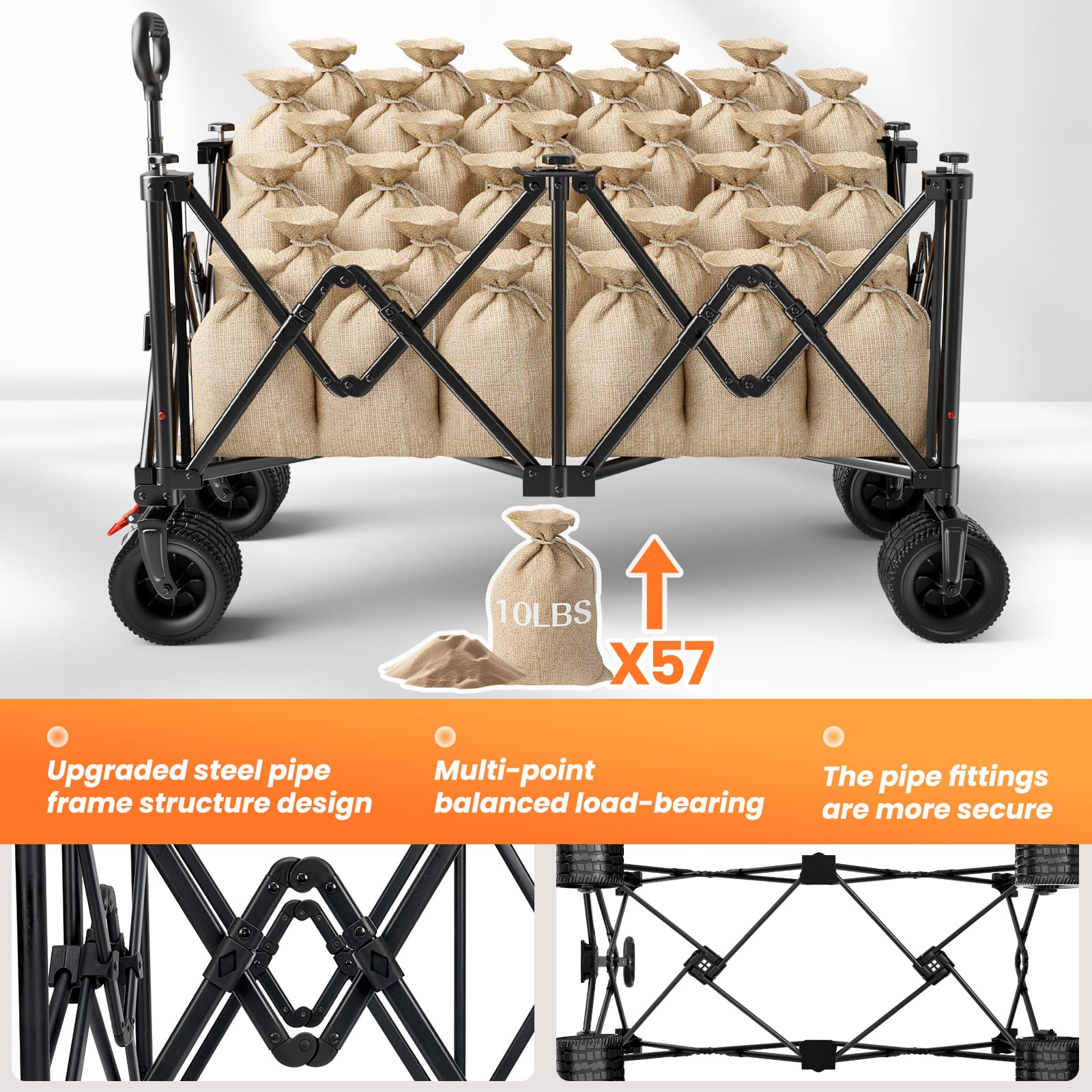 Collapsible Wagon Carts 570LBS Weight Capacity Foldable Beach Wagon with Big All-Terrain Wheels 330L Heavy Duty Utility Carts with Cup Holders for Camping, Garden, Sports, Grocery Black