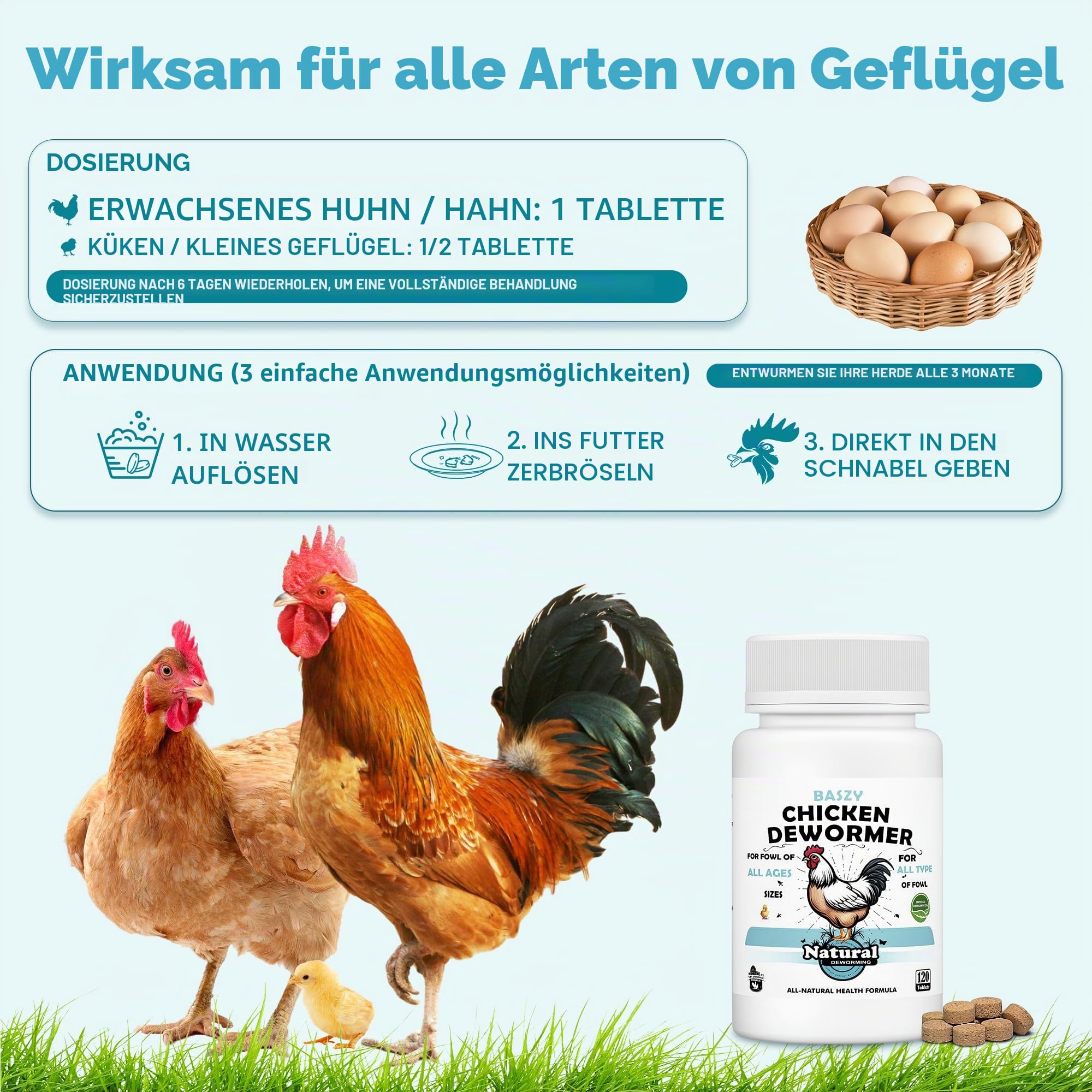 Huhnentwurmer – 120 Tabletten, natürliche Formel, in den USA hergestelltes Hühner-Entwurmer-Zubehör für alle Altersgruppen und Größen, um Würmer bei Legehennen, Küken, Hähnen, Truthähnen und anderem
