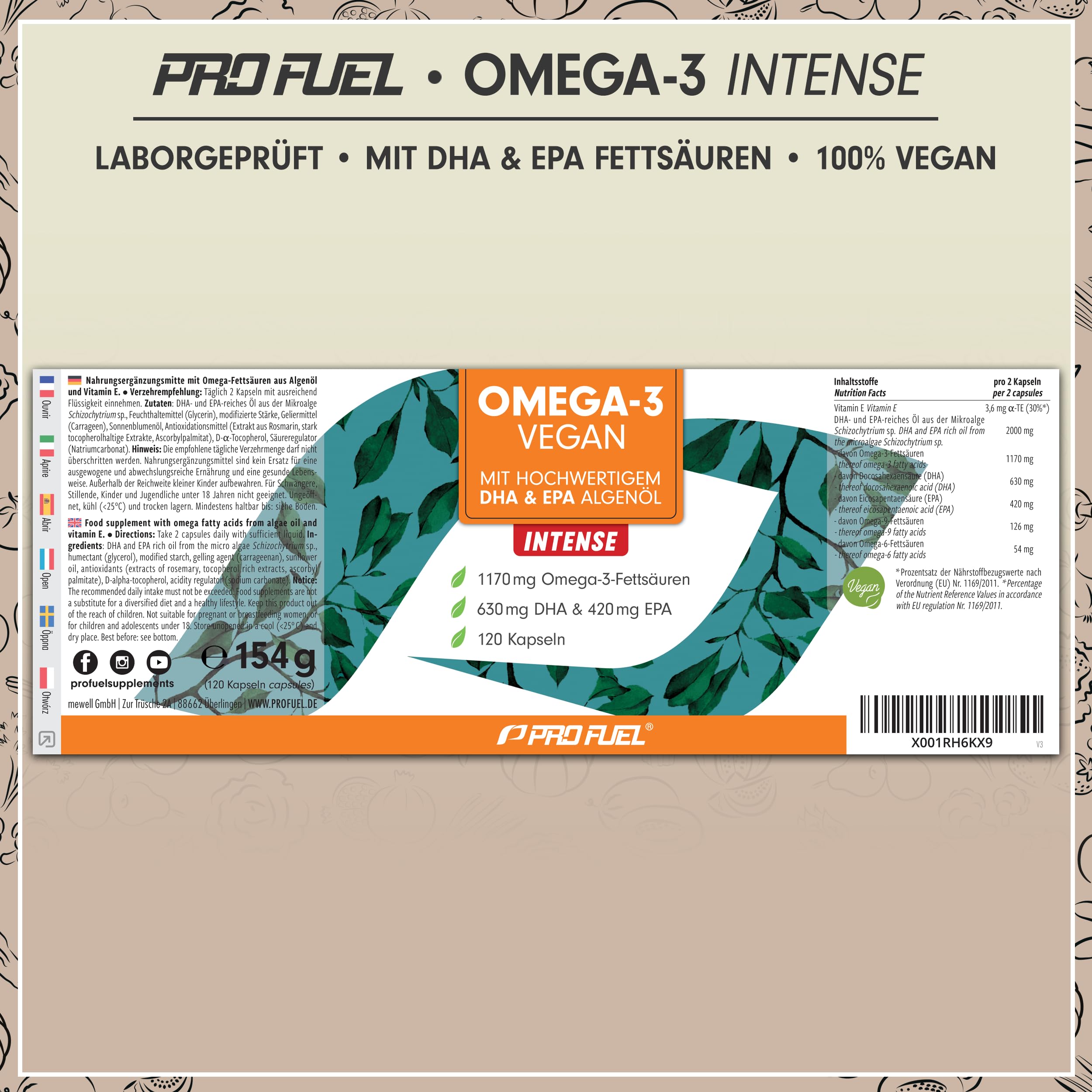 Omega-3 vegan INTENSE - 120 Kapseln - 2000 mg Algenöl pro Tag - hochdosiert mit 630mg DHA + 420 mg EPA - vegane Omega-3 Algenöl Kapseln - DHA:EPA Verhältnis 3:2 - laborgeprüft mit Analyse-Zertifikat