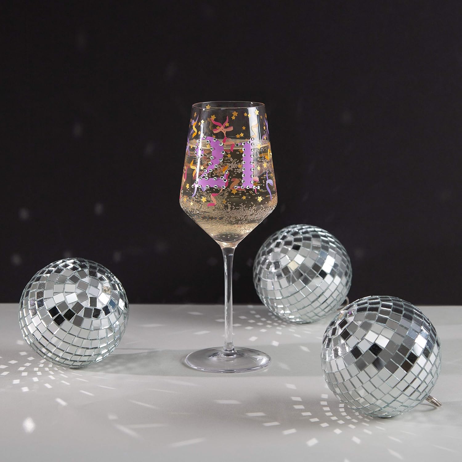 21 Finally Calling The Shots! - 17 Oz Stemmed Birthday Wine Glass With Bejeweled Number & Confetti Pattern With Gift Box