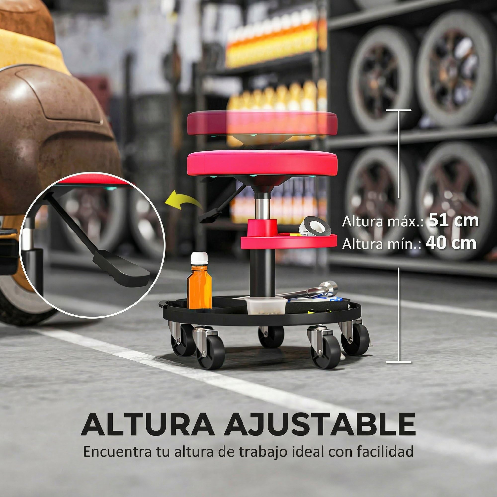 HOMCOM Taburete de Taller Giratorio con Ruedas Altura Ajustable de 40-51 cm Asiento Taburete para Mecánico con 2 Bandejas para Herramientas Carga 135 kg para Garaje Reparación de Automóviles Rojo