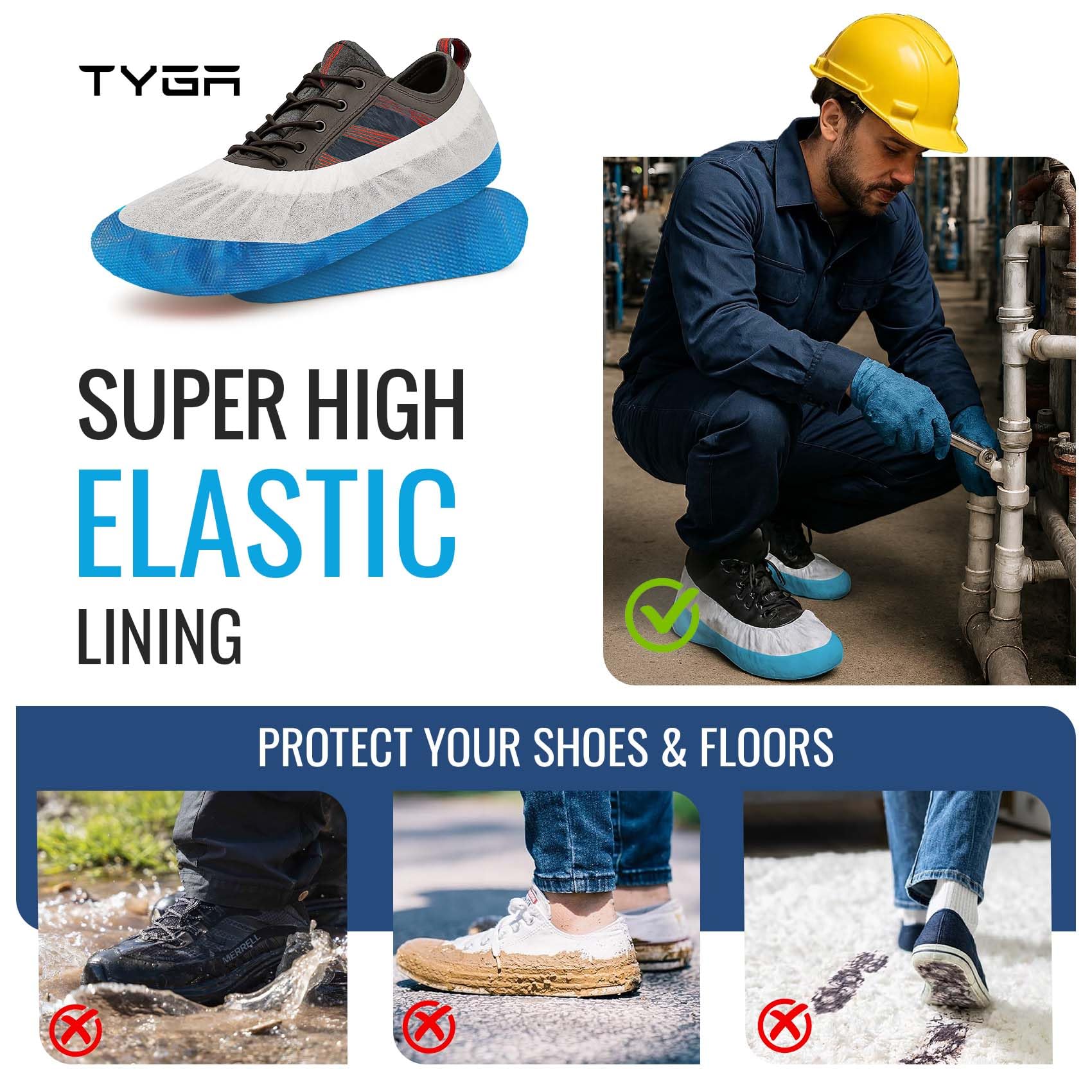TYGA - Soprascarpe resistenti, riutilizzabili, di lunga durata, in CPE/PP (160, blu e bianco)