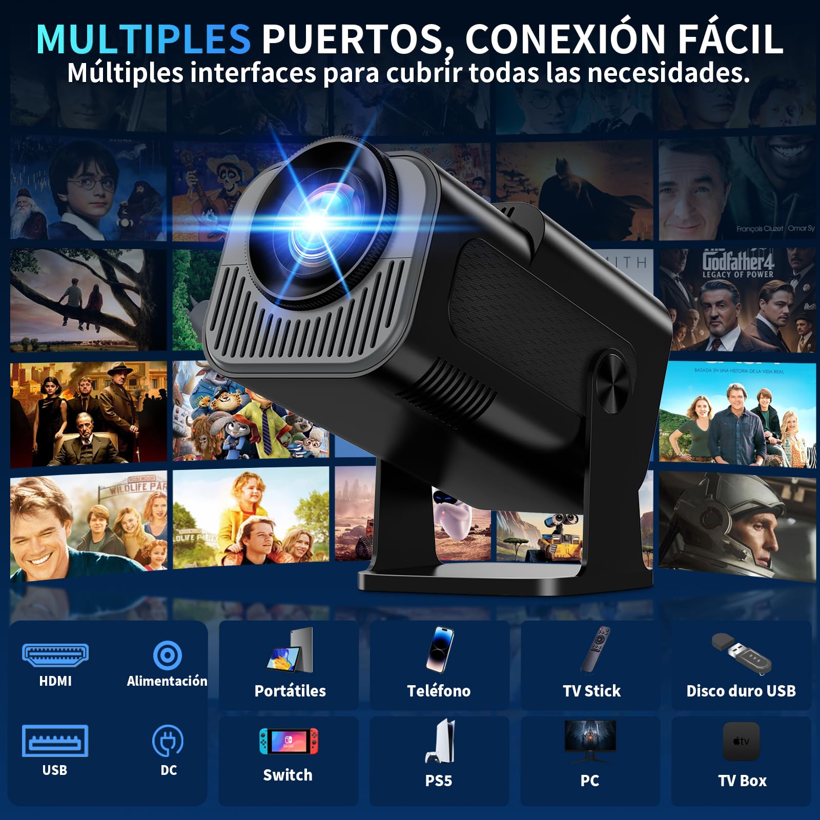[App Integrada & 2026 Upgraded] Mini Proyector 4K 1080P Proyector Vídeo con WiFi 6 Bluetooth 5.2 Support Gira 270° Corrección Trapezoidal Automática para HDMI/TV Stick/PC/USB, Negro
