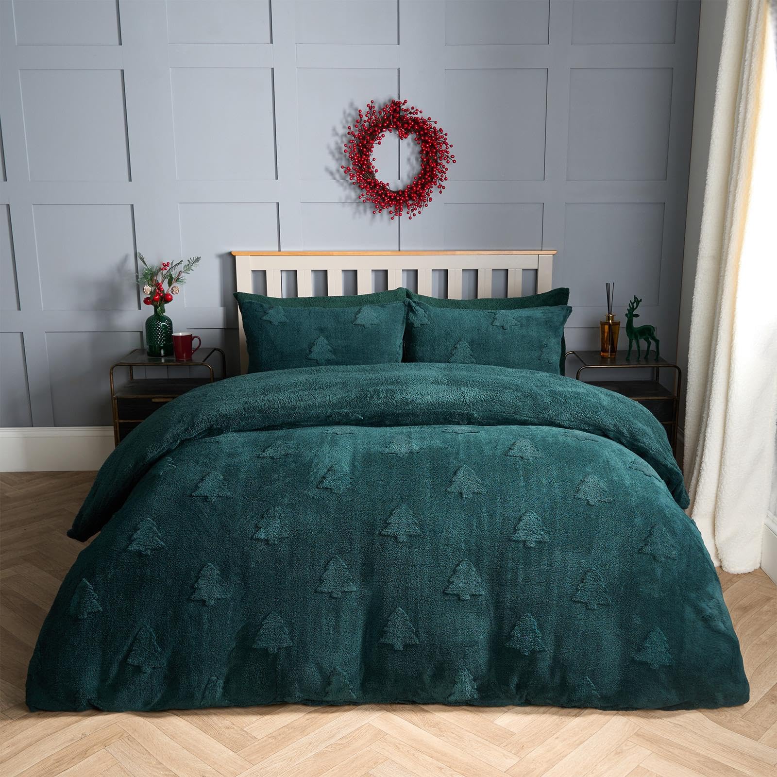 OHS Christmas Bedding King Size, Tufted Xmas Winter Tree Teddy Fleece Duvet Set Super Soft...