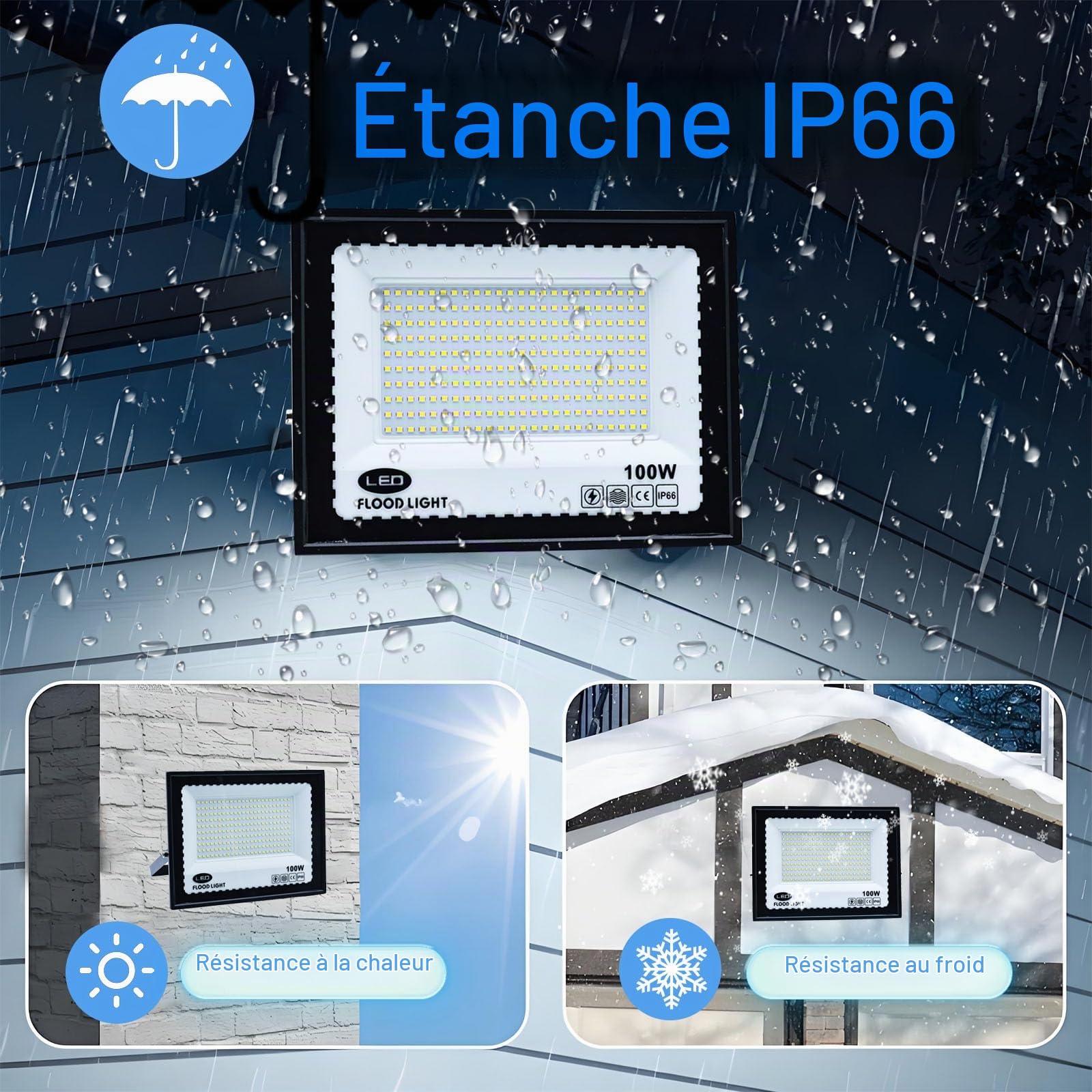 2 Pièces Projecteur Led Extérieur 100W, Blanc Froid 6500K Projecteur LED, 10000LM Spot LED Extérieur IP66 Étanche, pour Jardins, Cours, Garages, Toits, Terrasses, Parkings, Places et Quais