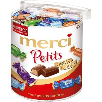 merci Petits Chocolate Collection in Round Tin - Fine Chocolates in 7 Delicious Varieties - Small Thank You for Everyone - 1 x 1 kg Gift Box