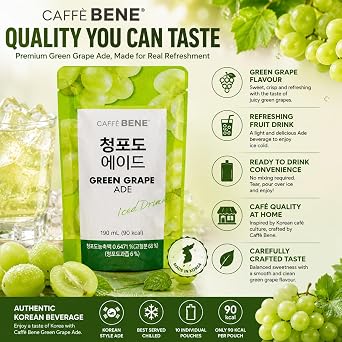 Caffe Bene 190ml Green Grape Ade Pouch x 10 Pouches – Ready to Drink Ade, Korean Style GrapeAde Beverage Multipack