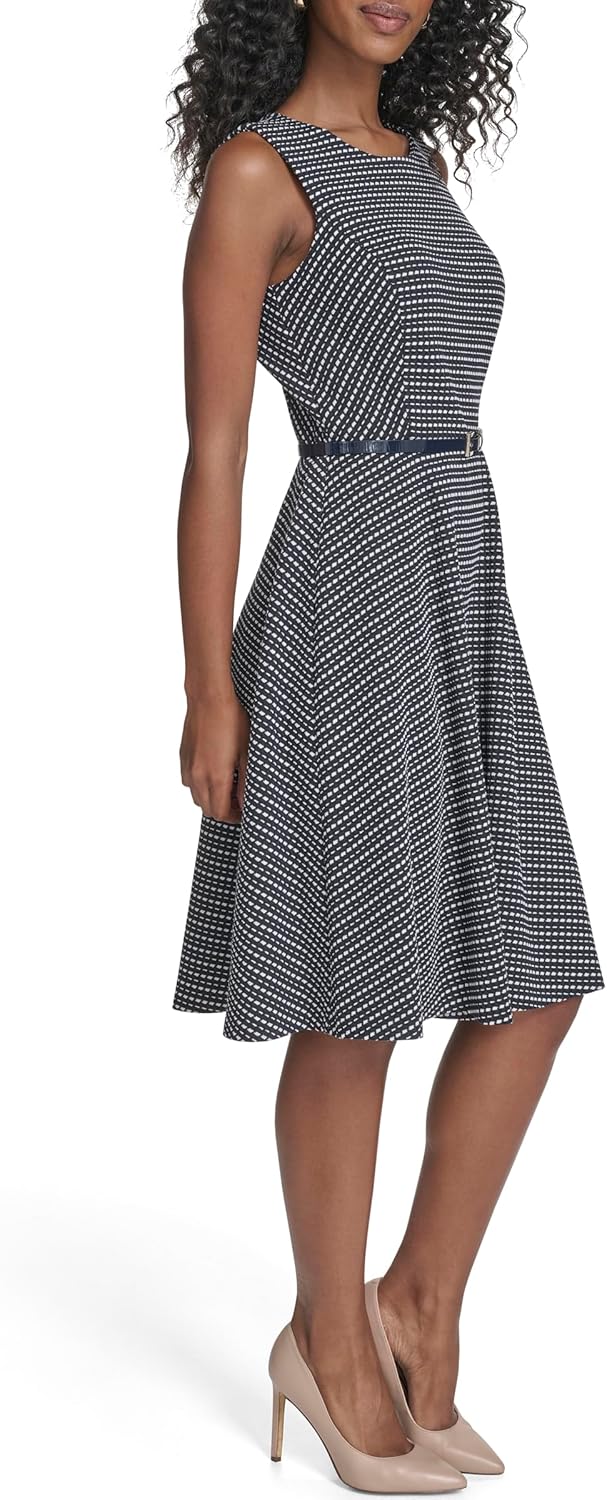 Tommy Hilfiger Women's Sleeveless Crew Neck Pinwheel Knit Belted Fit and Flare Dress