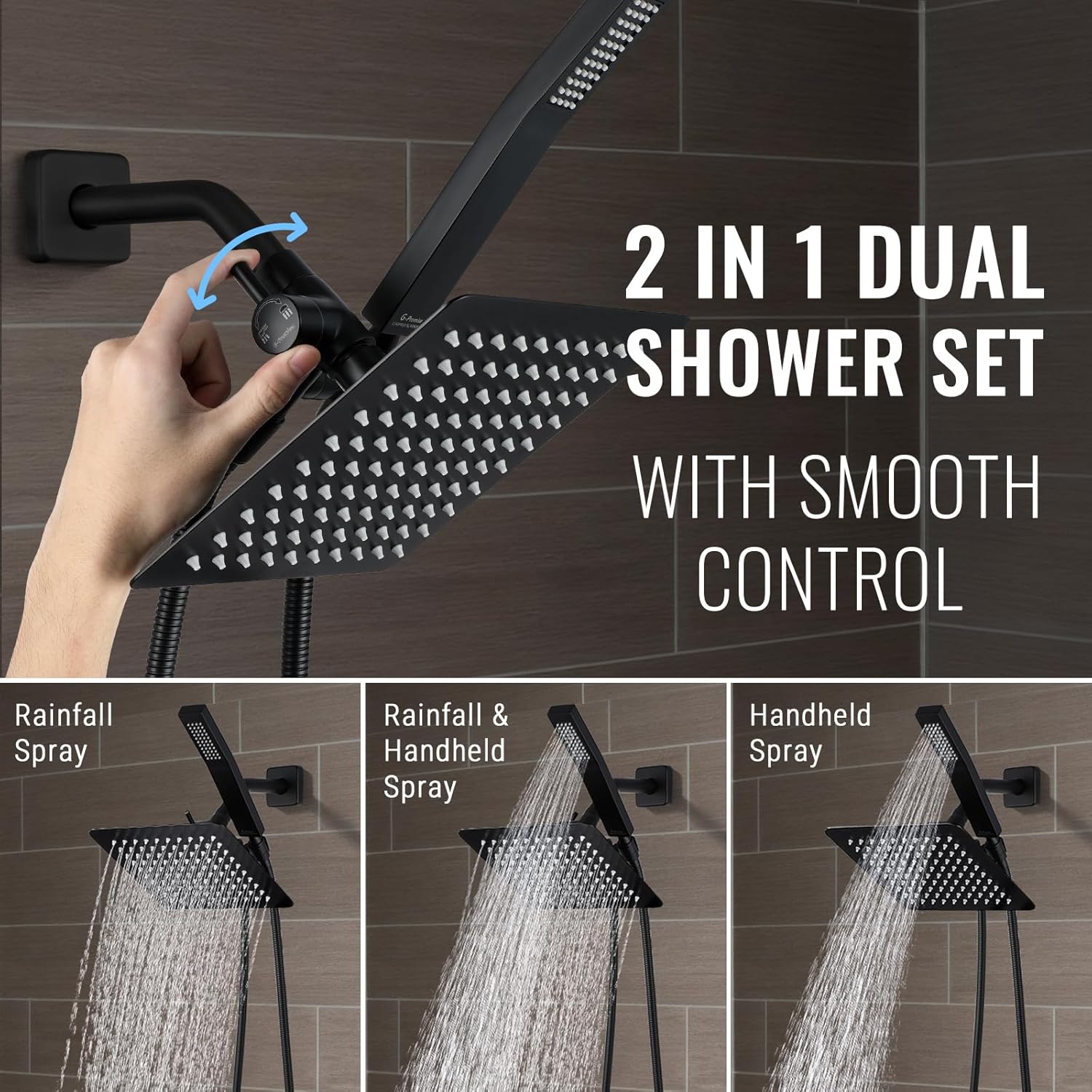 All Metal Shower Faucet Set, Dual Square Shower Head System with Handheld Wand, Diverter, Hose Complete Combo, Pressure Balance Rough-in Valve Included (Matte Black) - Image 5