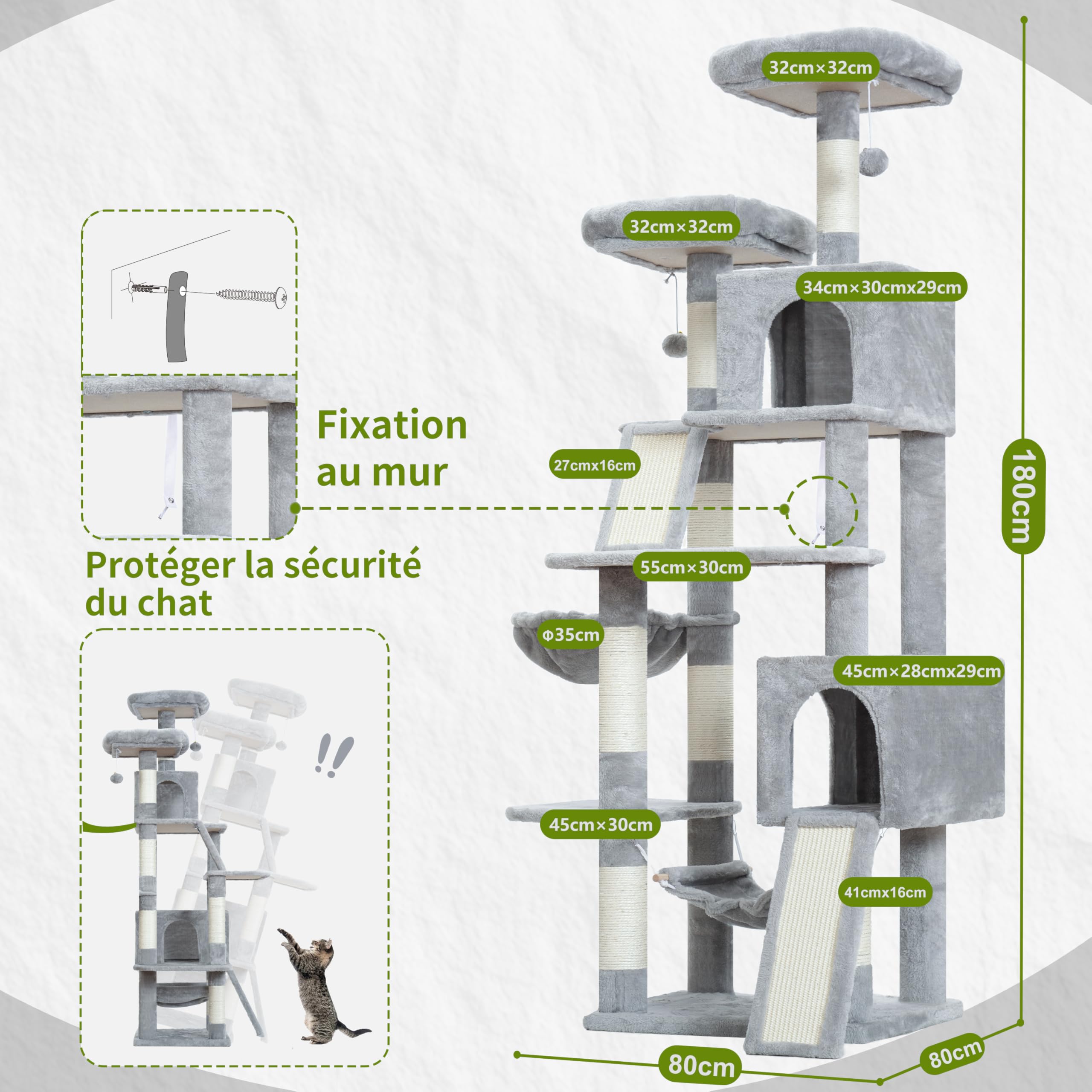 Gitelsnour Arbre à Chat, Tour de Jeux pour Chats de 180cm, Tour à Chat Interieur avec 2 griffoirs, 7 poteaux à griffer, 2 perchoirs, 2 Lits pour Chat en Peluche, hamac, Gris Clair GCT032W