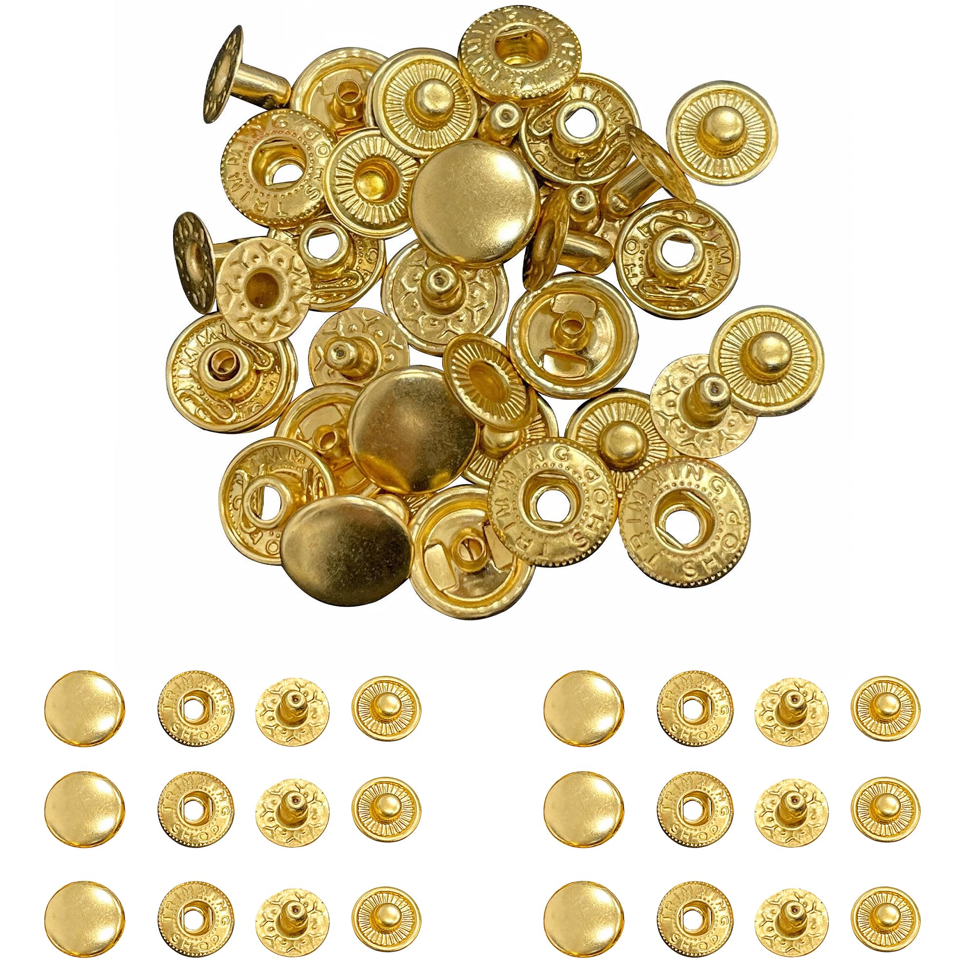 Trimming Shop S Spring Press Studs, 15mm Metal Snap Fastener Durable, No-Sew Buttons for Clothing, Wallets, Clutches, DIY Leathercrafts, Handbag, Jackets, Gold, 50pcs