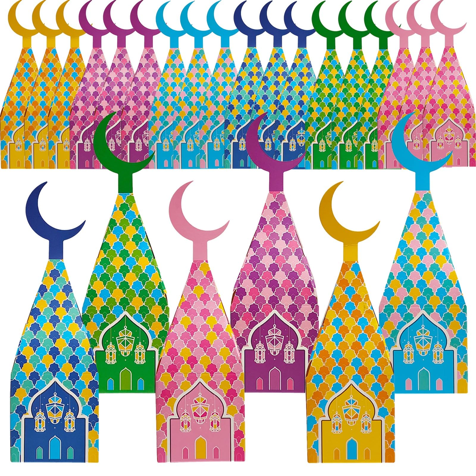 azzeell 24 Pcs Eid Mubarak Treat Boxes with Moon Top Ramadan Kareem Goodie Gable Boxes Ramadan Mubarak Favor Boxes for Eid Wedding Baby Shower Birthday Islamic Party Decoration Supplies