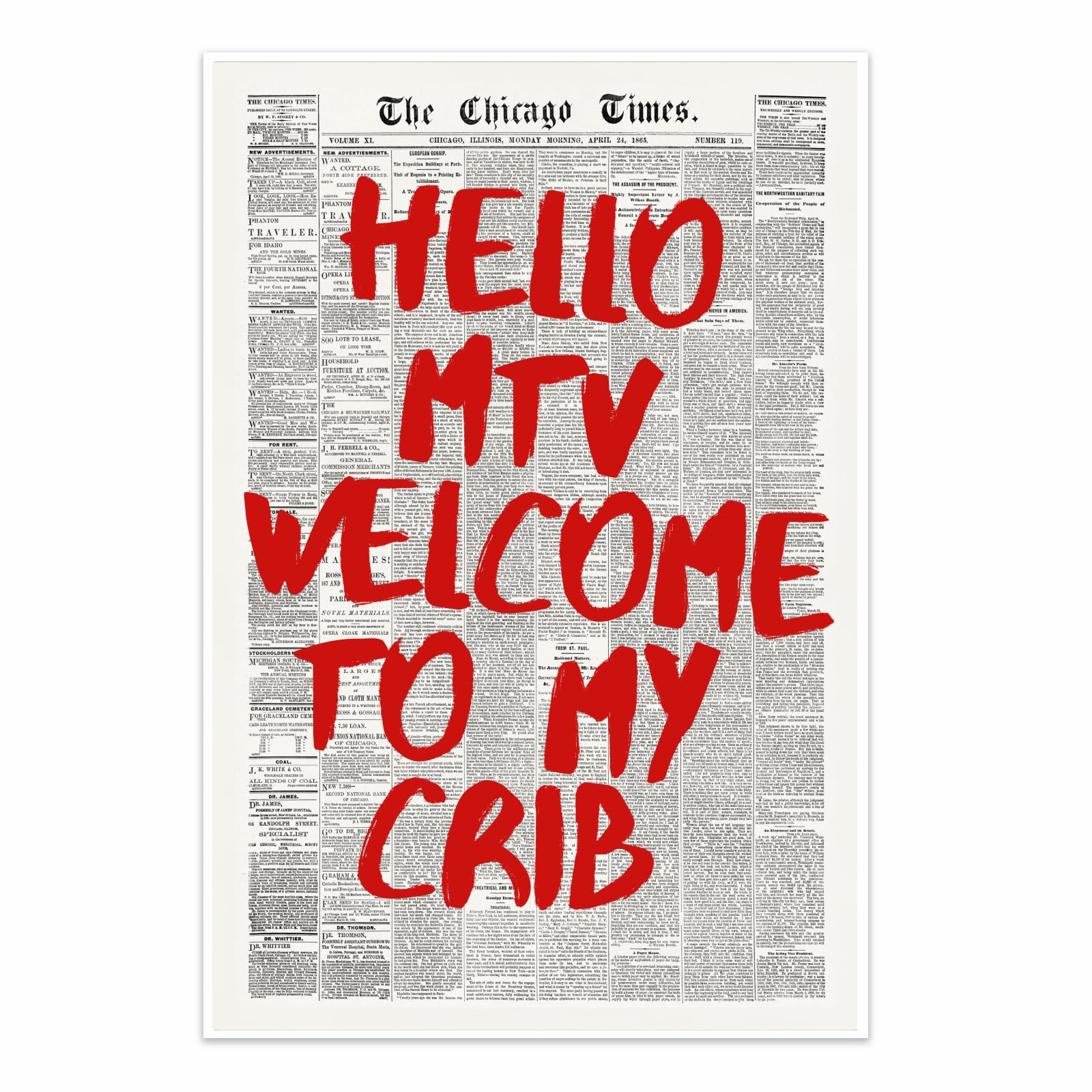 Hello MTV Welcome To My Crib 08x12 inch Unframed Posters Canvas, Red Newspaper Wall Art, Vintage Black White Room Aesthetic Picture Prints for Home