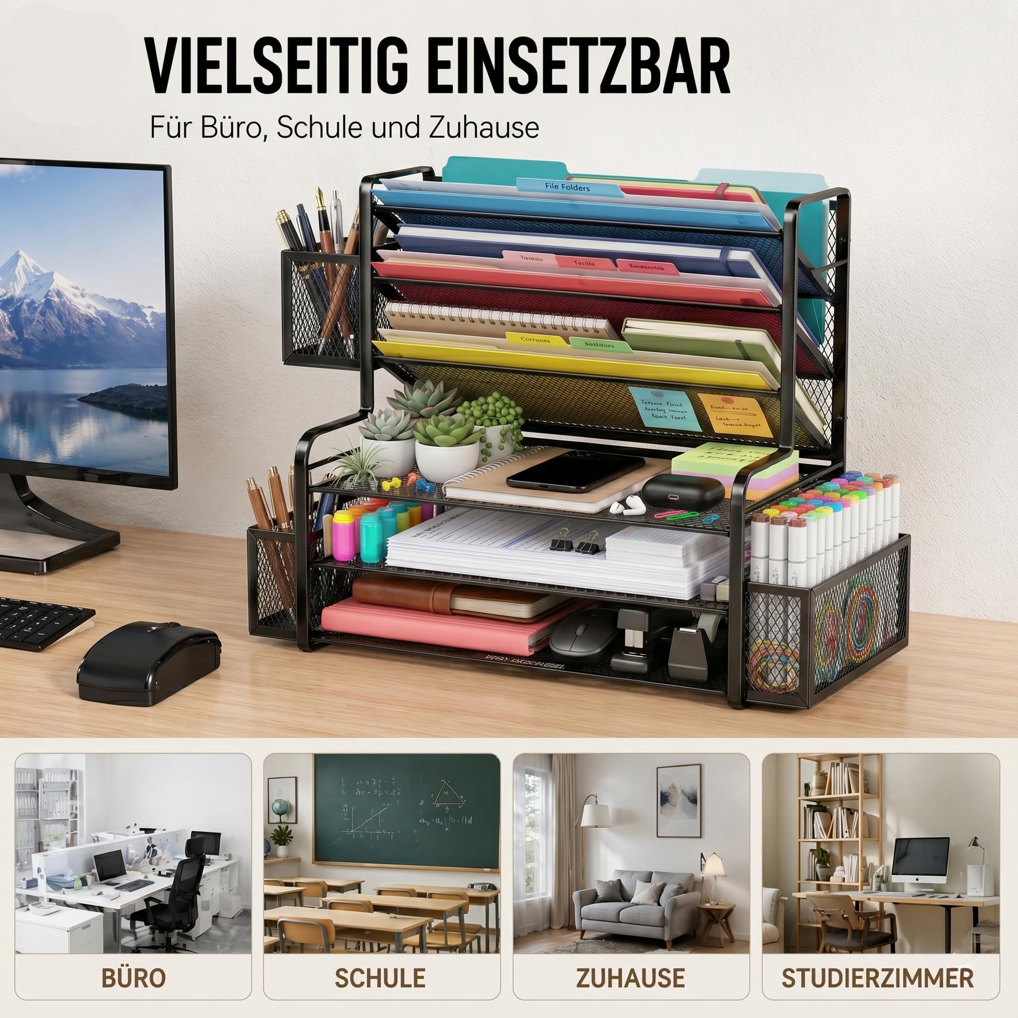 7-stöckiger Schreibtisch-Organizer aus Metall, Schwarz | Briefablage Papierablage mit Stiftehalter und Hängekorb, Dokumentenablage für Büro und Home Office