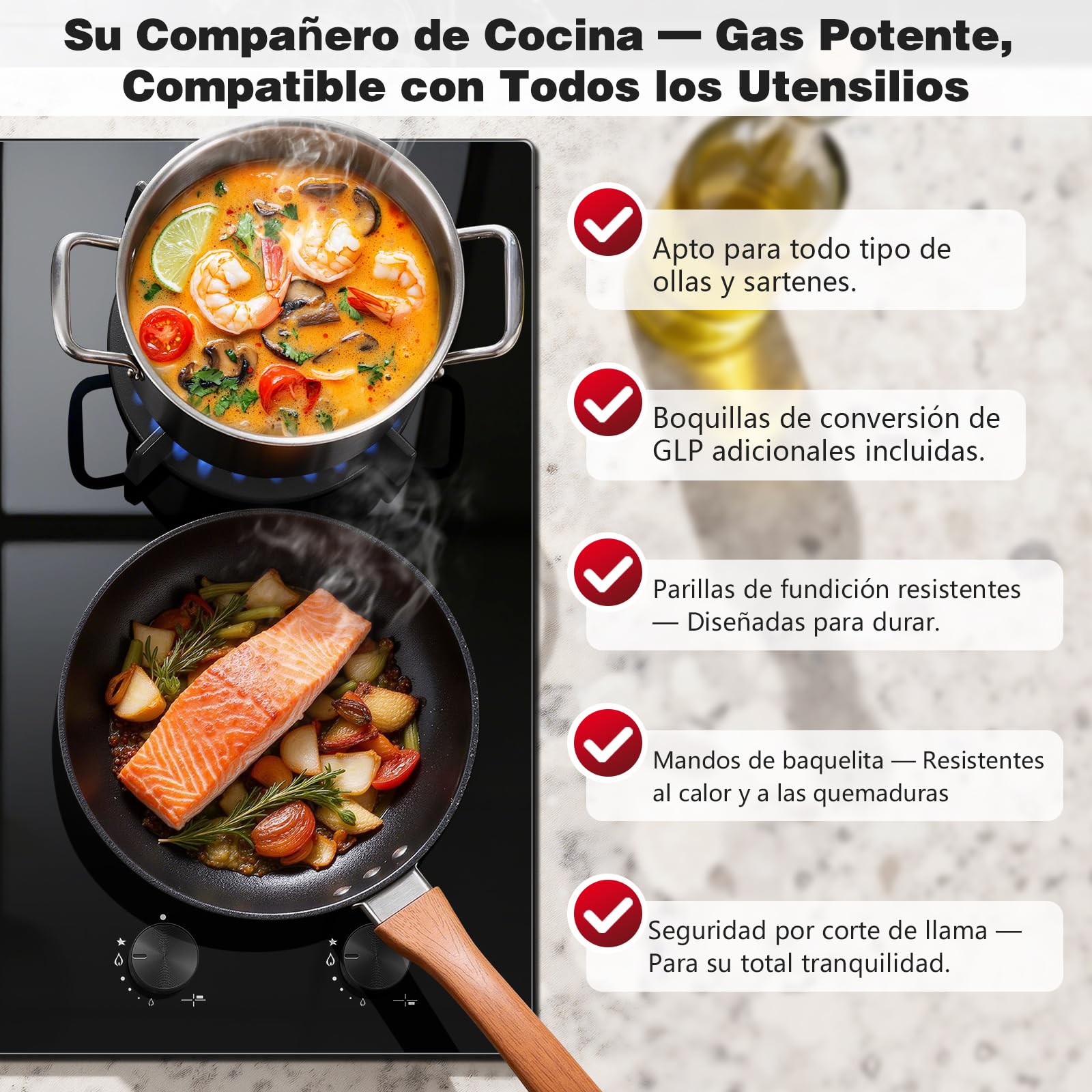 SNDOAS Placas Mixtas Inducción y Gas 4 Fuegos Empotrable, Placa Inducción 2 Zonas con Función Puente, Boost y Mantenimiento Calor, Placa de Gas 2 Zonas Wok 3400W, Temporizador, Bloqueo Infantil