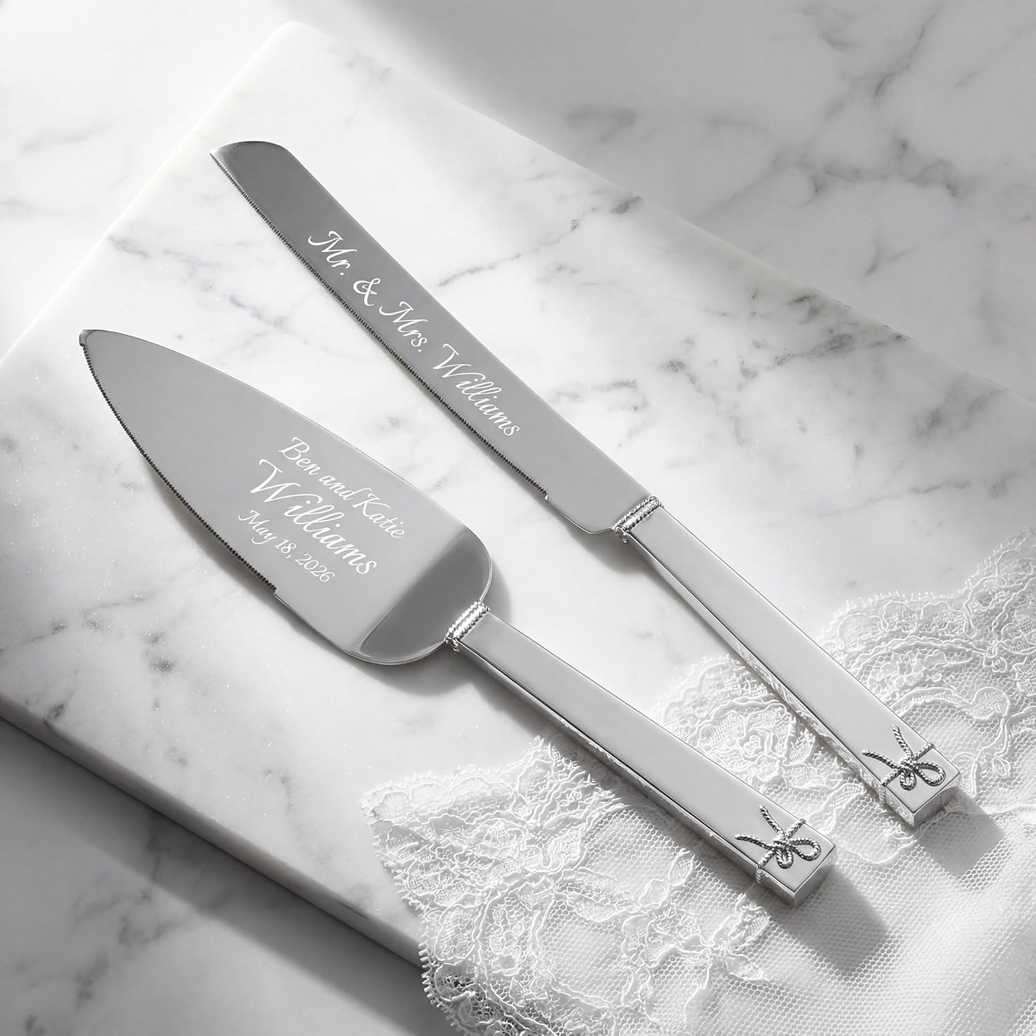 Wedgwood Vera Wang Bridal Love Knots Silver Personalized Wedding Cake Knife and Server Set, Custom Engraved Wedding Cake Cutting Set, Accessories and Gifts for the Bride and Groom