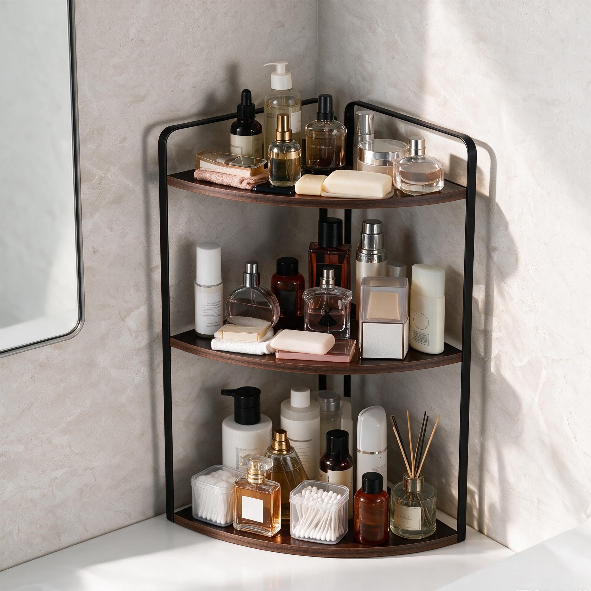 Corner Bathroom Counter Organizer, Vanity Counter Storage Shelf Gray Brown