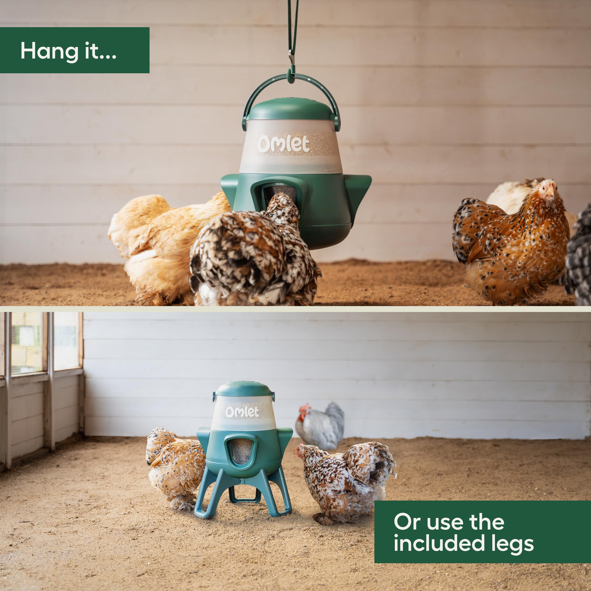 Omlet Comedero de pollo sin residuos para gallinero, comedero antiderrame para aves de corral con 3 puertos de alimentación, colgante o de pie, resistente a la intemperie, 2,5 kg