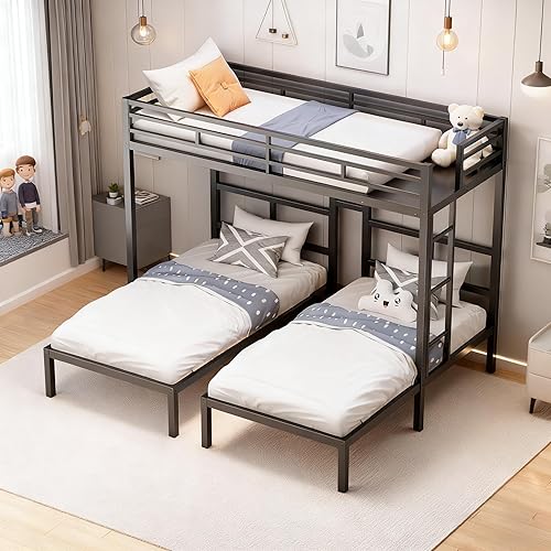 Triple Bunk Bed Separatable into 3 Beds, Heavy Duty Metal Frame for Kids Teens, Noise-Free Wood Slat Support System, Vent Board Included, No Box Spring Needed, Black