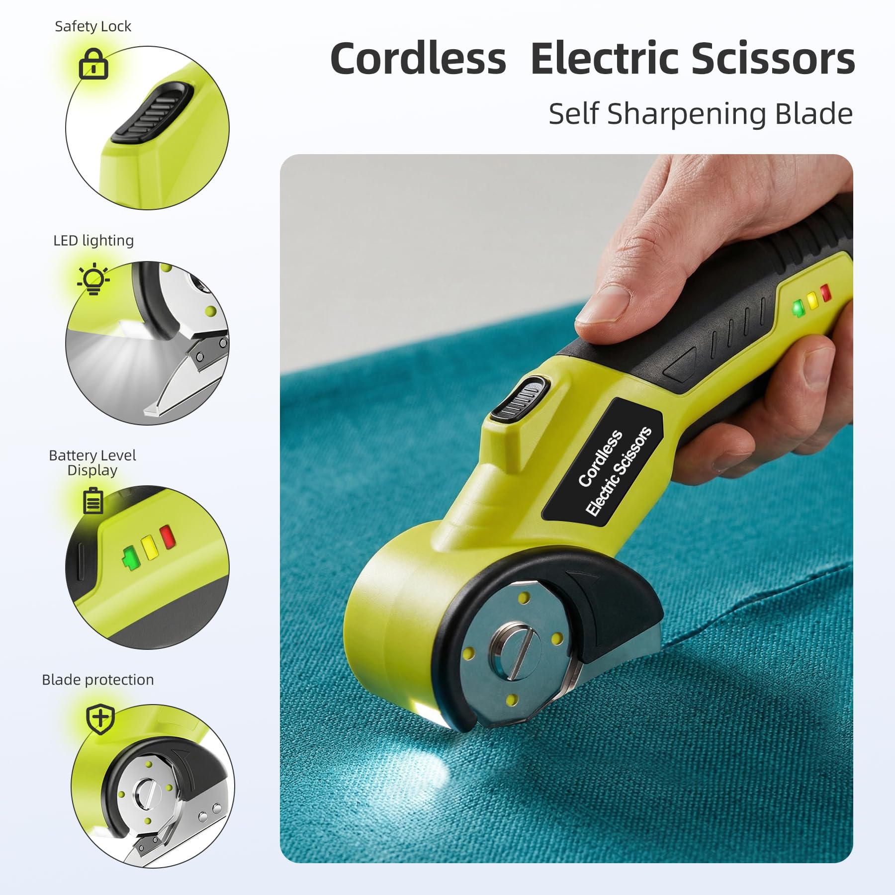 Taglierina elettrica senza fili, 4 V, ricaricabile, con 2 lame rotanti, cavo USB, custodia, blocco di sicurezza e luce LED, per cartone, tessuto, plastica, pelle, tappeti, imballaggio, fai da te