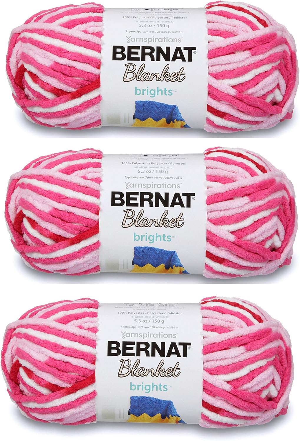 Bernat Blanket Yarn (3Pack) Super Bulky 6 5.3 Ounce 108 Yards Per Skein (Raspberry Ribbon Varg