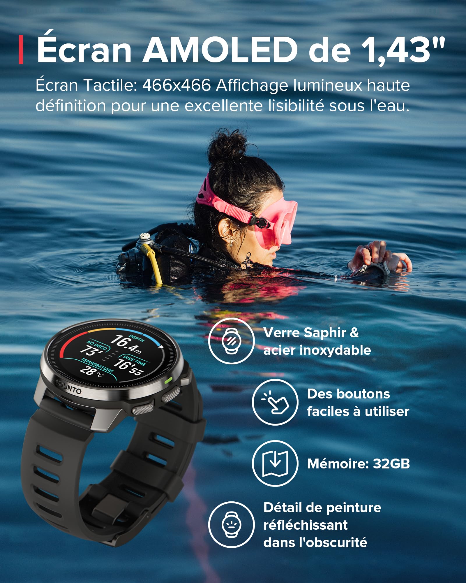 SUUNTO Ocean Ordinateur de Plongée Montre de Sport, Écran AMOLED, 10ATM/7 Bar, GPS GNSS Bi-Bande, 95+ Sports