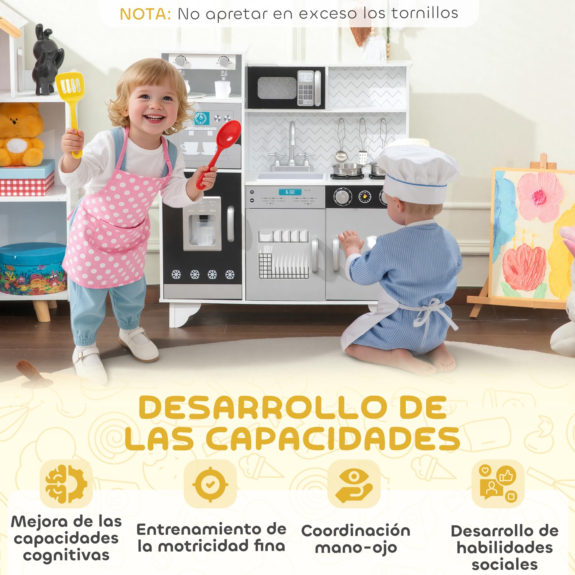 AIYAPLAY Cocina de Juguete de Madera con Sonido 79,5x24x83,8 cm Blanco | Cocinita Infantil, Accesorios de Acero Inoxidable, Microondas, Máquina de Hielo, Cafetera, Lavavajillas