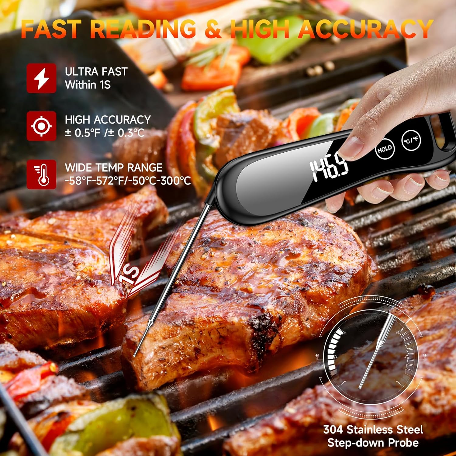 Digital Meat Thermometer IP67 Waterproof - 0.5s Instant Read Thermometer for Cooking 3X Fast, ±0.5°F Accuracy LED Display Cooking Thermometer for Grilling, BBQ, Kitchen & Food