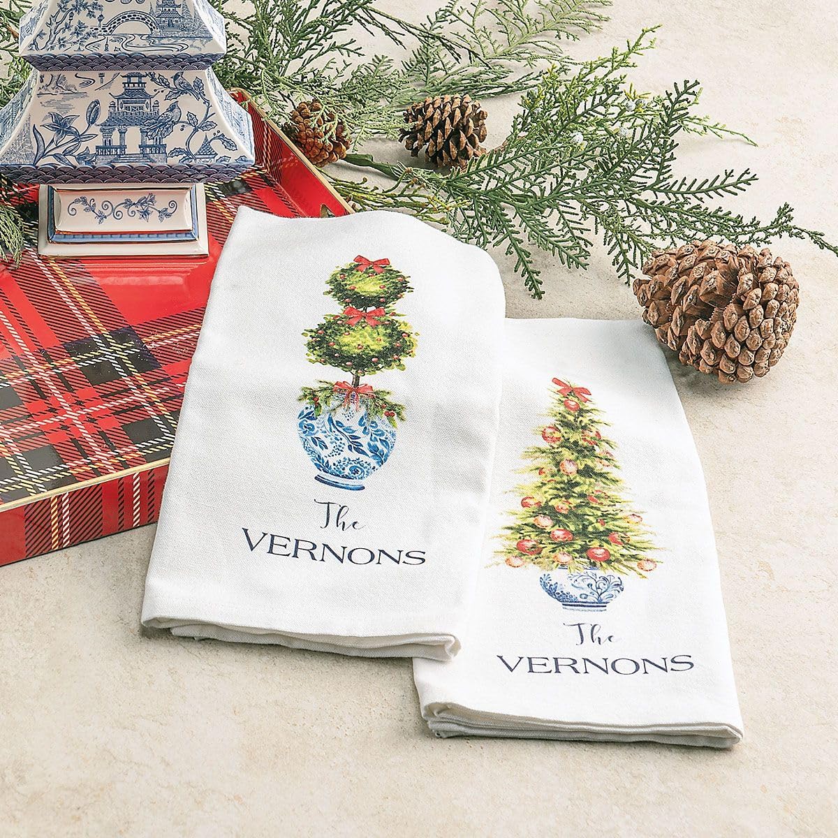 Lillian Vernon Christmas Tree and Topiary Personalized Kitchen Towels Pack - Set of 2, Cotton, 6 1/2 x 14