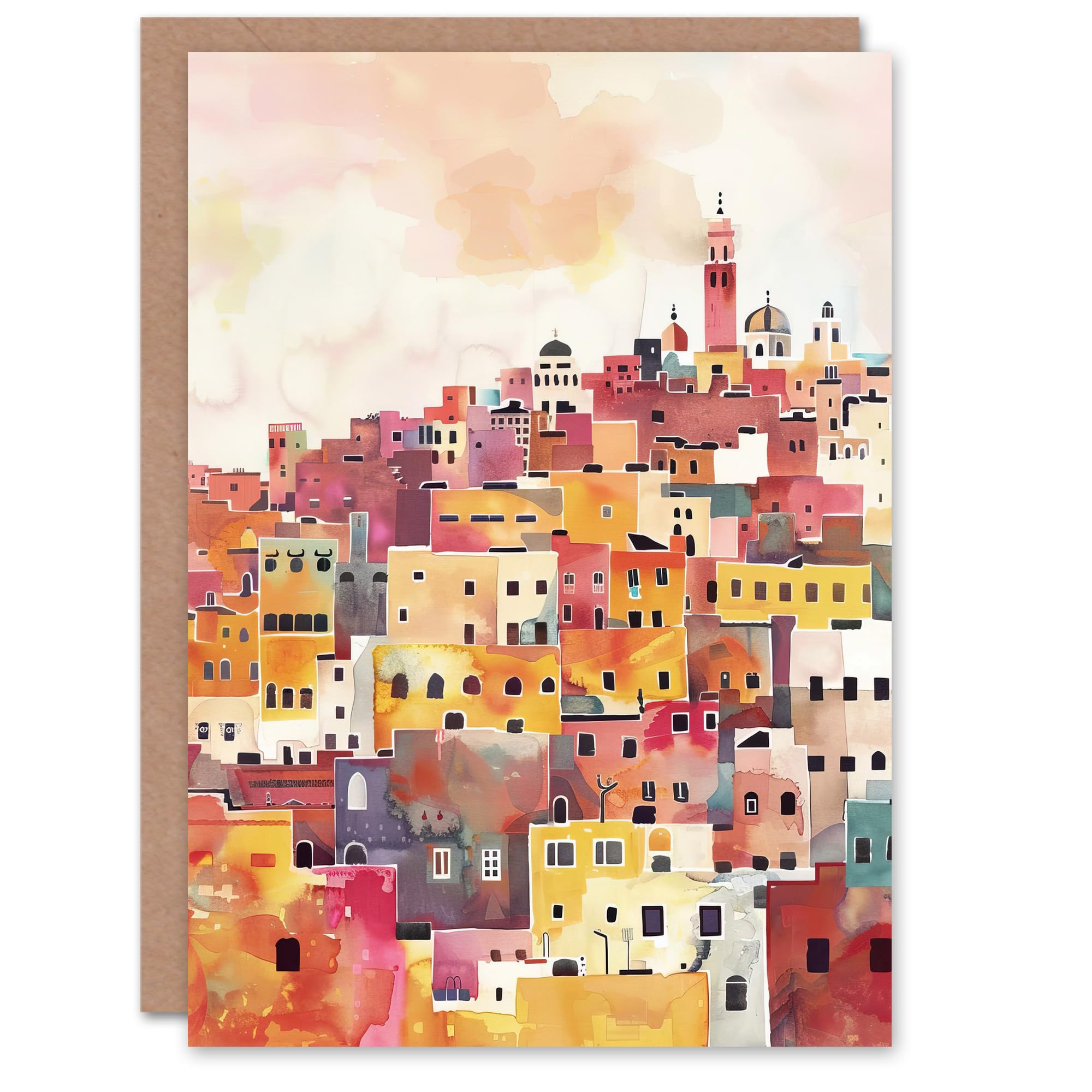 Artery8 Greeting Card Morocco Skyline Watercolour Cityscape Birthday Orange