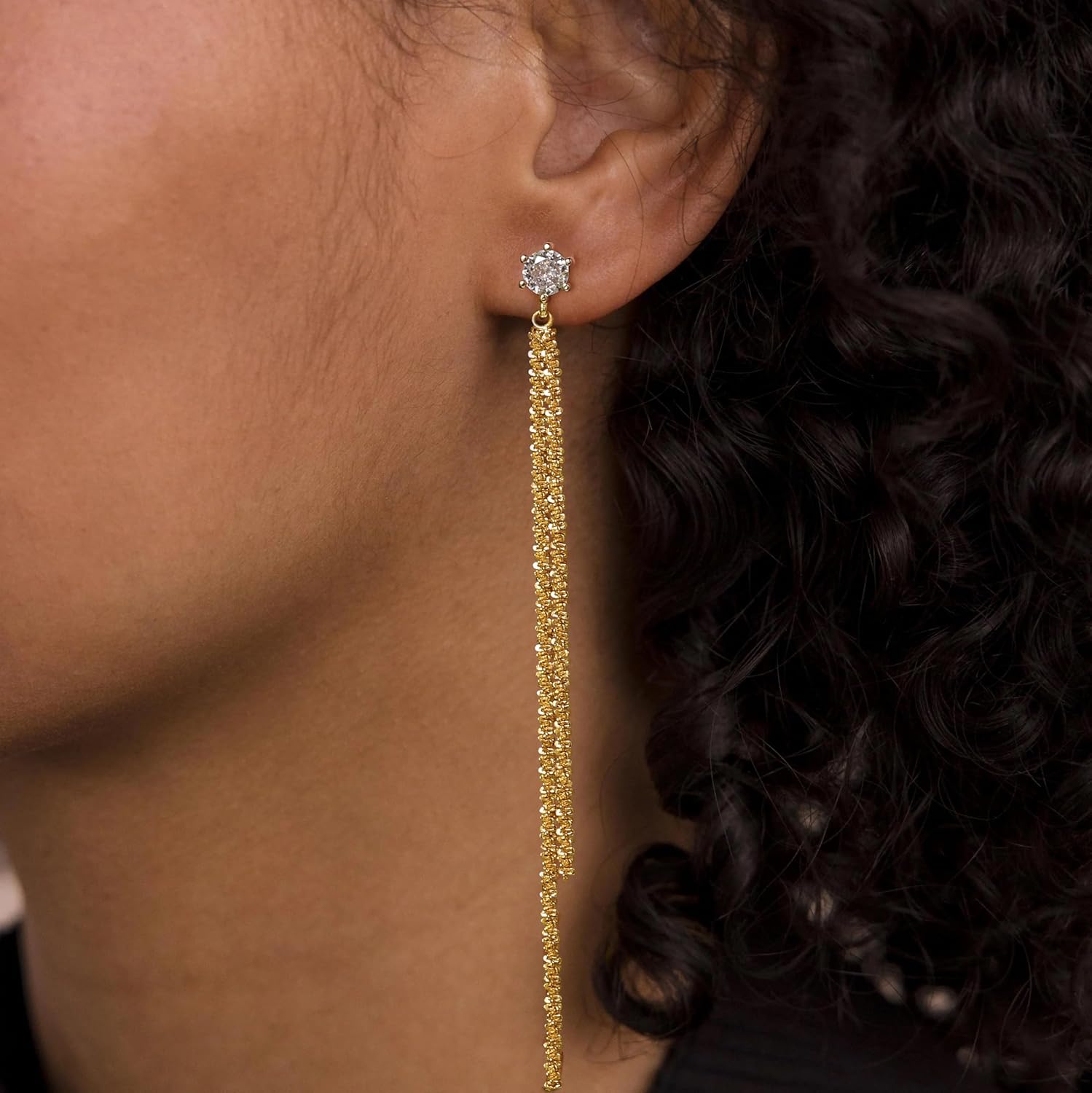 Gold Long Prom Earrings for Women, 14K Gold Plated Pearl Dangle Drop and Chain Tassel Threader Earrings Dangling,Rhinestone Zirconia Hypoallergenic Bride Party Prom Gold jewelry,Women Gifts - Image 2