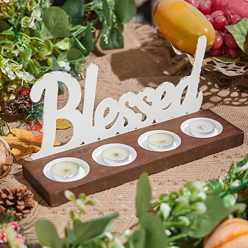 SOFE Portavelas con letrero de metal blanco, juego de portavelas rústico, decoración de mesa de centro de mesa, soporte de vela de madera de granja