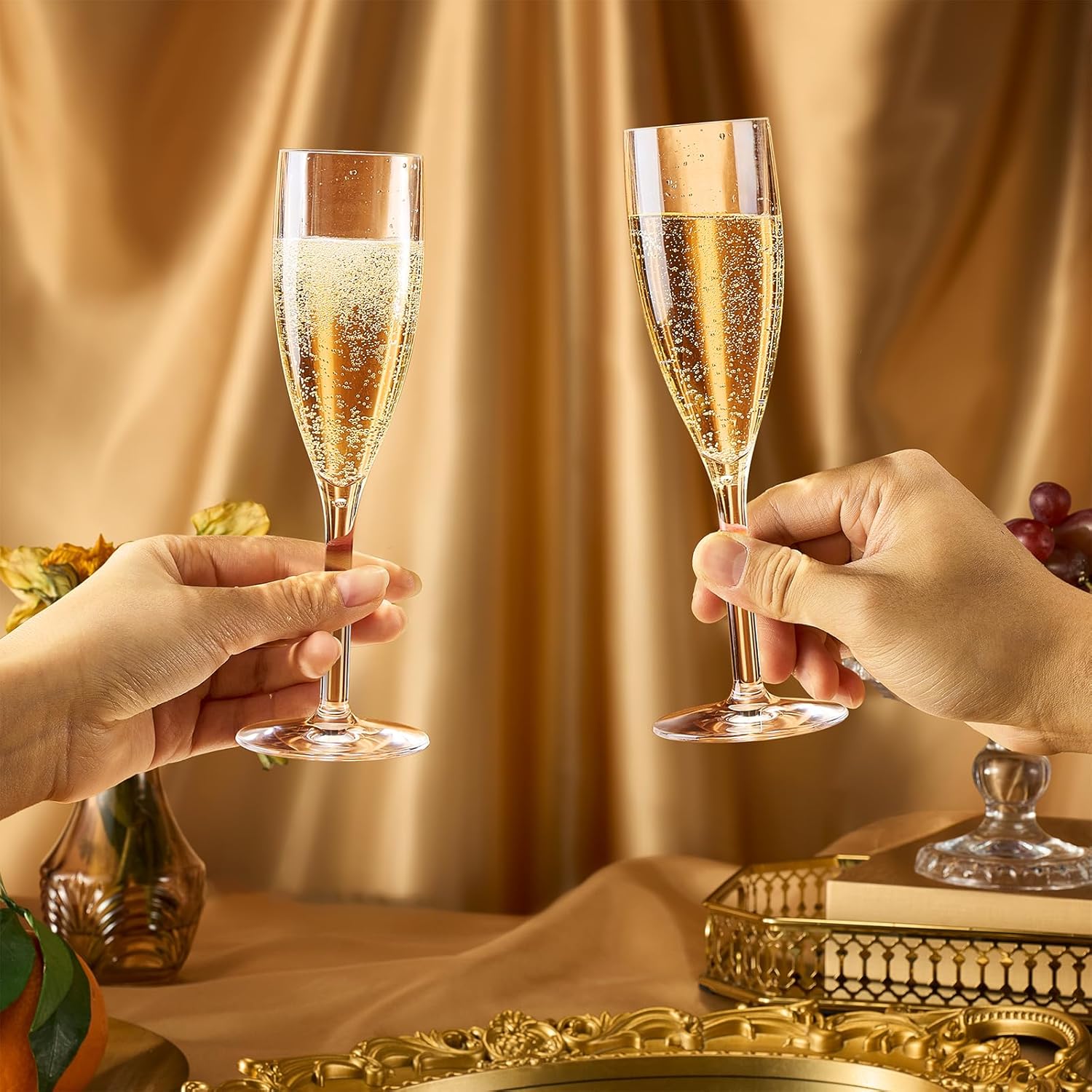European Style Unbreakable Tritan Acrylic Champagne Flutes Glasses | Set of 6 | Style Reusable Toasting Cups Drinkware, 7 oz Dishwasher Safe BPA-free plastic, Wedding, Poolside Inside & Outdoors