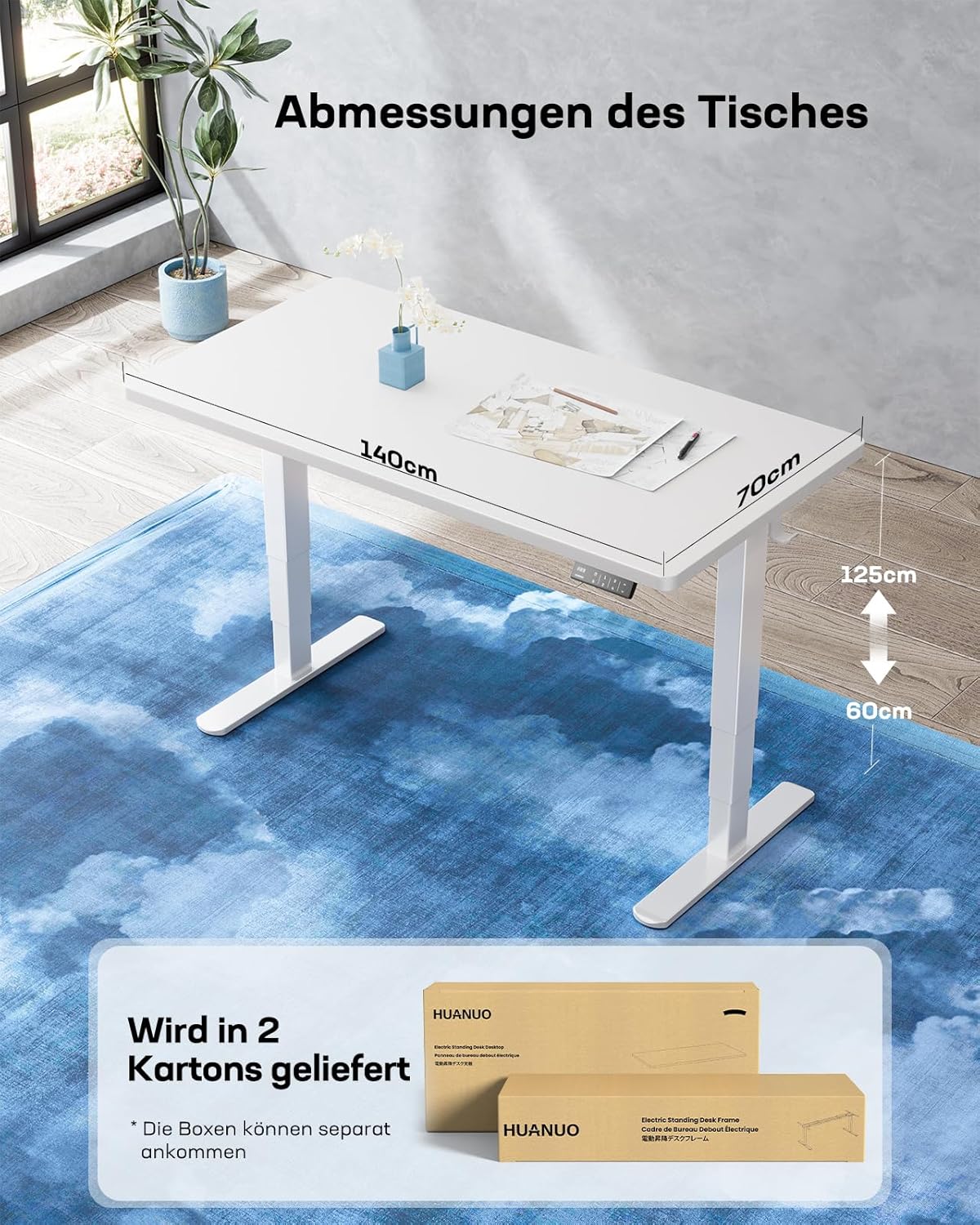 HUANUO Elektrisch Höhenverstellbarer Schreibtisch 140x70cm, Weiß