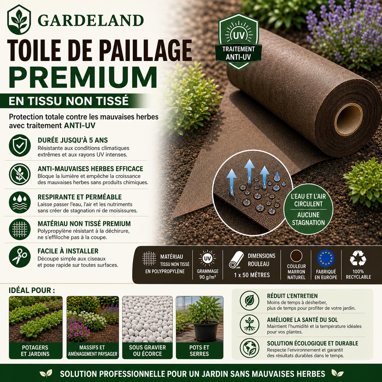 Toile de Paillage Marron Géotextile Non Tisse -Premium 5 Ans Protection UV- Rouleau de 50 Mètre x 1 Mètre -Toile Anti Mauvaises Herbes 90gr/m2 - NE S'EFFILOCHE Pas à la Coupe Fabriqué en UE