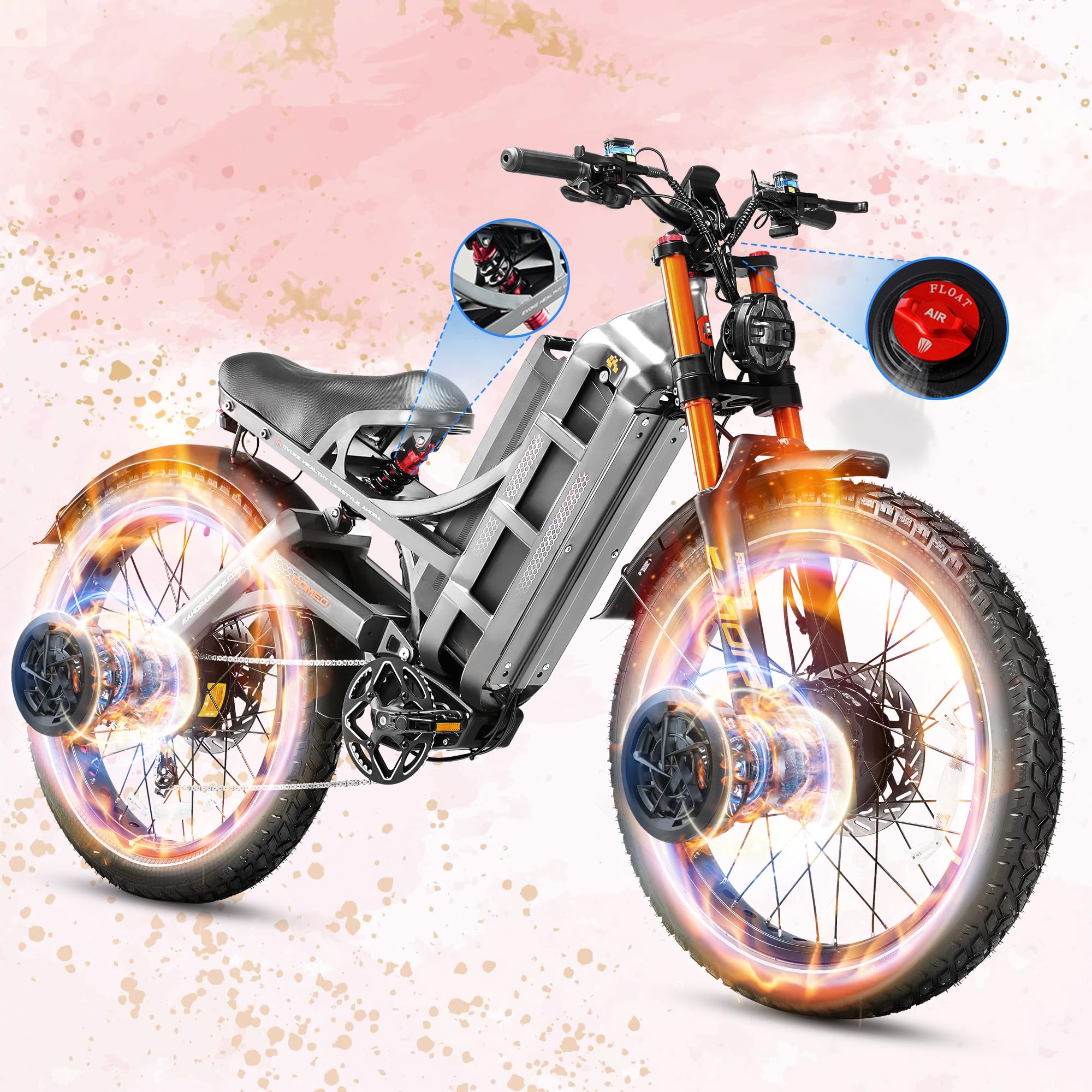 2025 Launch Romeo Pro 3/Pro 2 5600W/4000W 50Mph/46Mph Dual Motor Electric Bike for Adults 60V/52V/48V 80Ah/70Ah/60Ah 200+Miles Long Range Ebike 26 * 4.0" Fat Tire Electric Mountain Bike