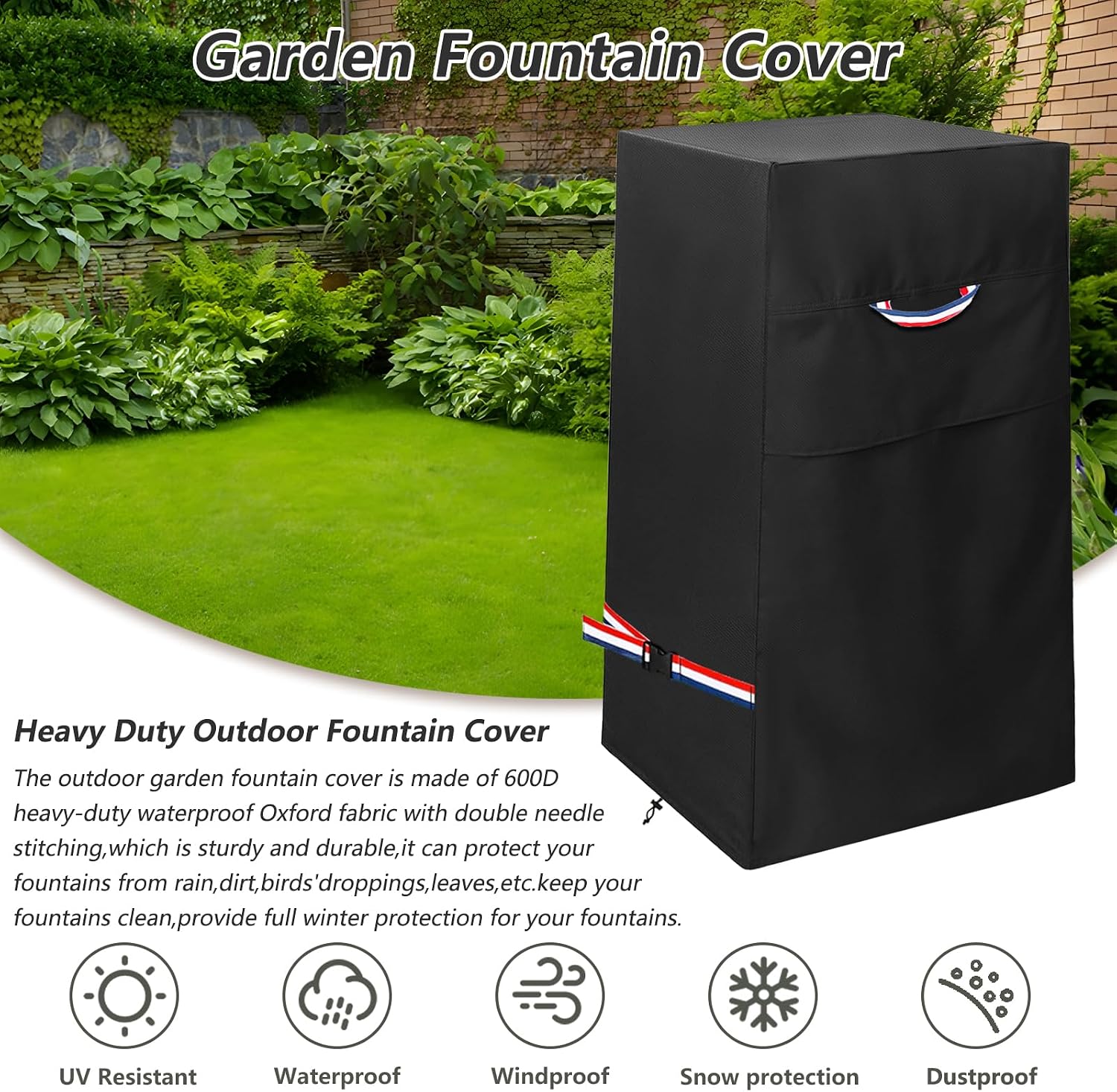 Garden Fountain Cover,Heavy Duty 600D Waterproof Dustproof Winter Fountain Cover for Cascading Bowls and Stacked Stones Water Fountain,with Zipper and Drawstring