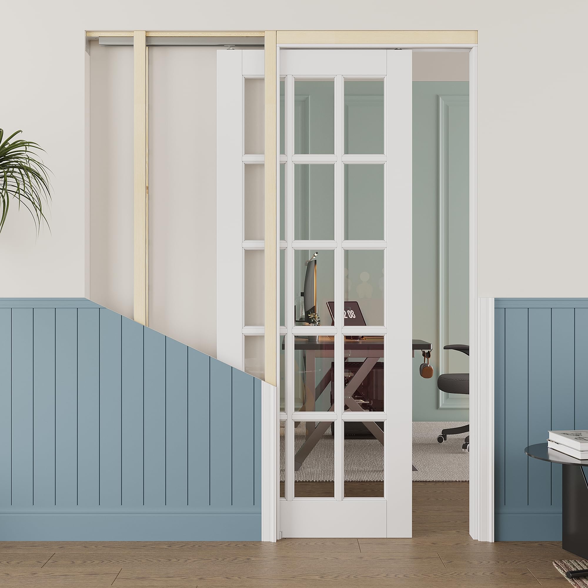 32x80 Sliding Pocket Door,15 Lite Clear Glass Doors,Murphy Hidden Doors