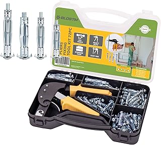 BLOSTM 72pc Hollow Wall Fixings - Heavy Duty Plasterboard Fixings & Wall Anchor Setting Tool Rivet Gun Set with Carry Case - Plaster Boarding Fixings Anchors & Hollow Wall Anchor Fixings