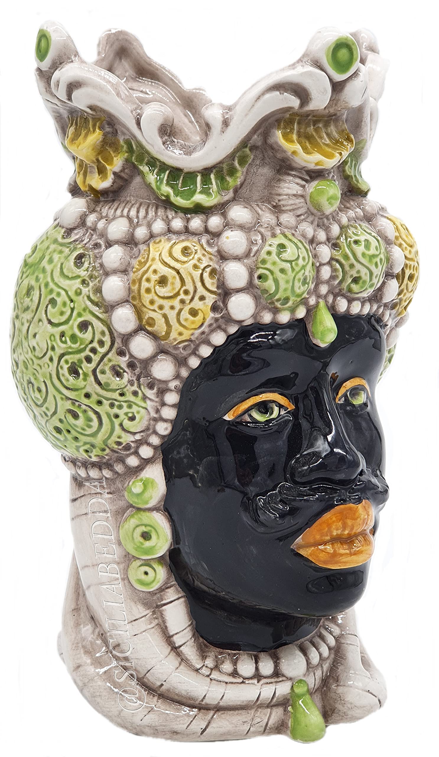 sicilia bedda - Teste di Moro Siciliane in Ceramica di Caltagirone - Realizzato Interamente a Mano - Altezza 18 Centimetri (Testa di Moro Saraceno Verde)