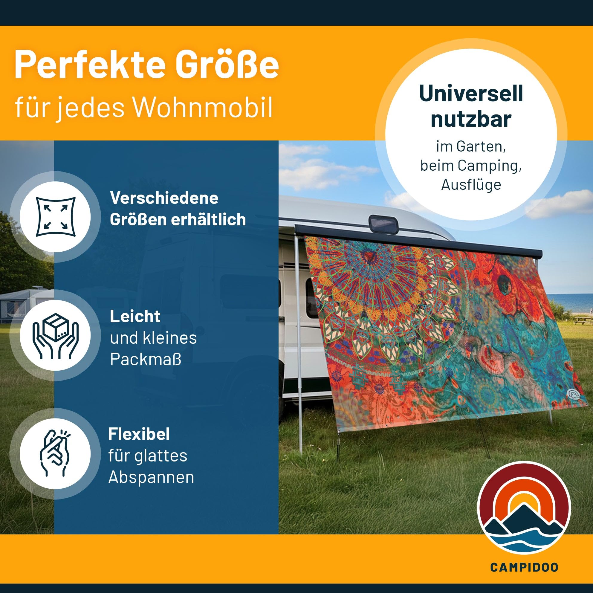 Textil Sonnensegel Mandala Harmonie | Höhe 200cm | hochwertiger Fotodruck inkl. Keder-Befestigung | Markisen-Vorderwand - Länge/Keder: 400cm / 5 mm Keder