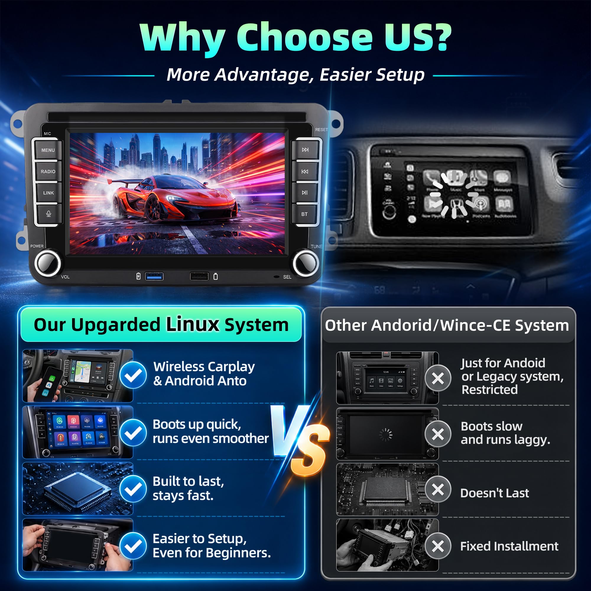 Smooth 7 inch Linux Car Radio for Golf 6 5 VW Passat Jetta Caddy Polo CC Tiguan EOS T5 Skoda, 2GB RAM Wireless Carplay/Android Auto, Instant Boot, HD Touchscreen with Bluetooth 5.0 & DSP Sound