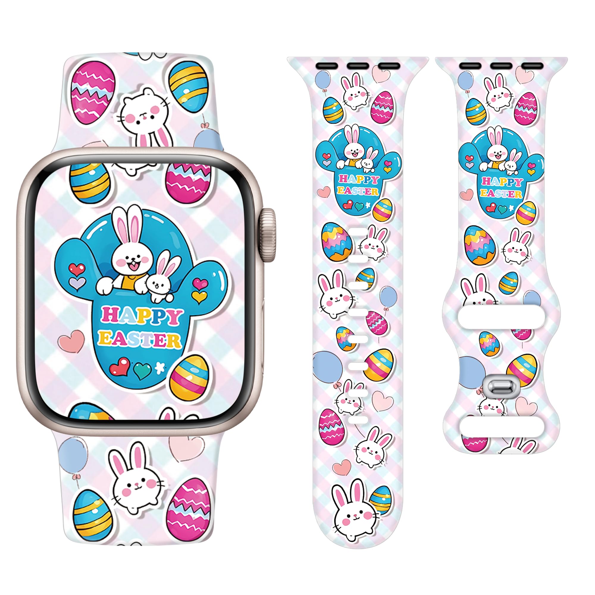 Pleixiu Easter Apple Watch Bands for Women Men 41mm 42mm 44mm 45mm 46mm 49mm 38mm 40mm,Soft Silicone Holiday Strap Easter Apple Watch Band for Apple Watch Series 10 9 SE 8 7 6 5 4 3 2 1 Ultra 2 1-Easter Rabbits & Eggs