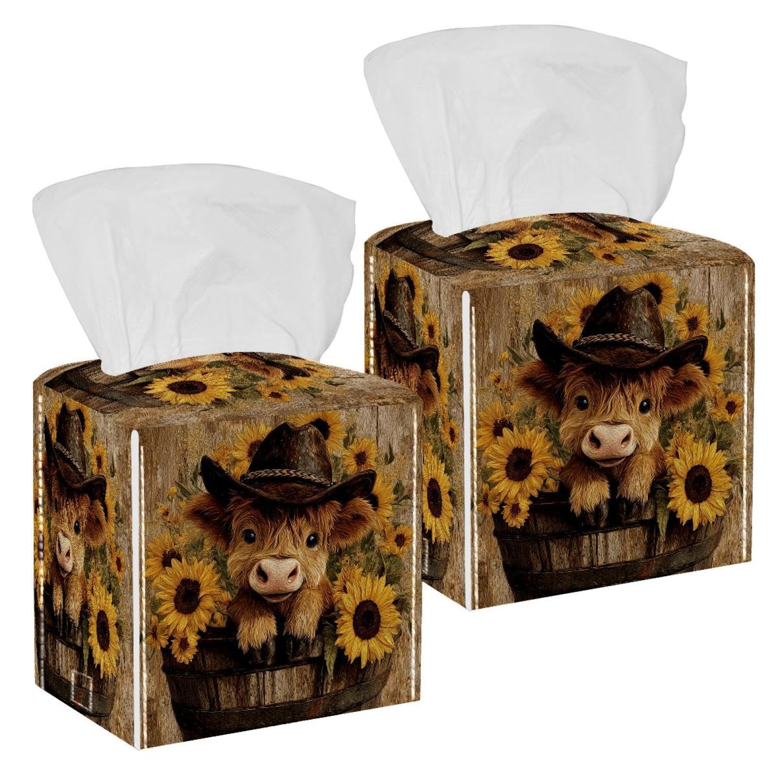 Highland Cow Tissue Box Cover, 2 Pack PU Leather Square Facial Tissue Dispenser Box holder for Home Office Car