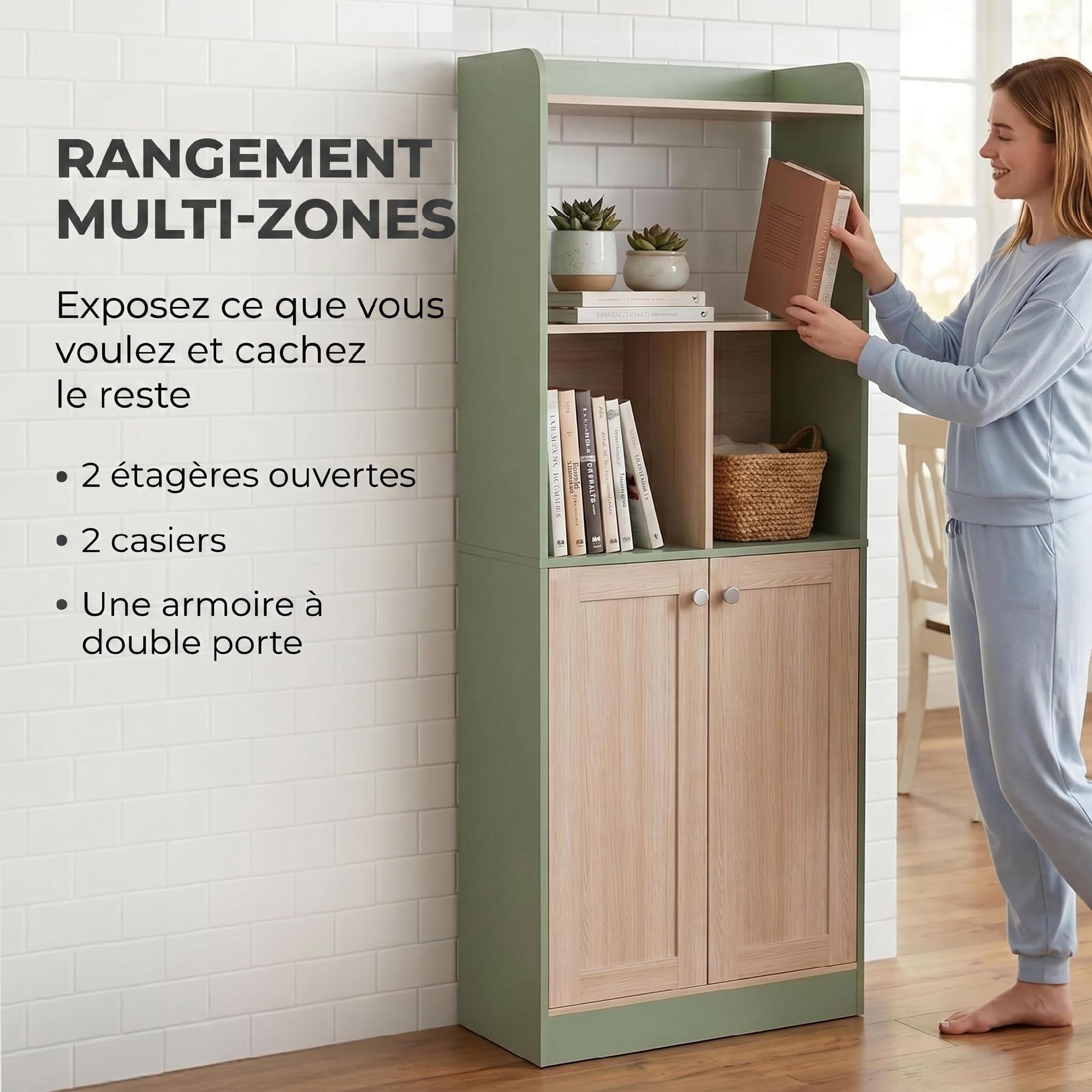 HOMCOM Libreria 5 Ripiani 2 Ante 60x30x161.2cm Verde Legno Naturale