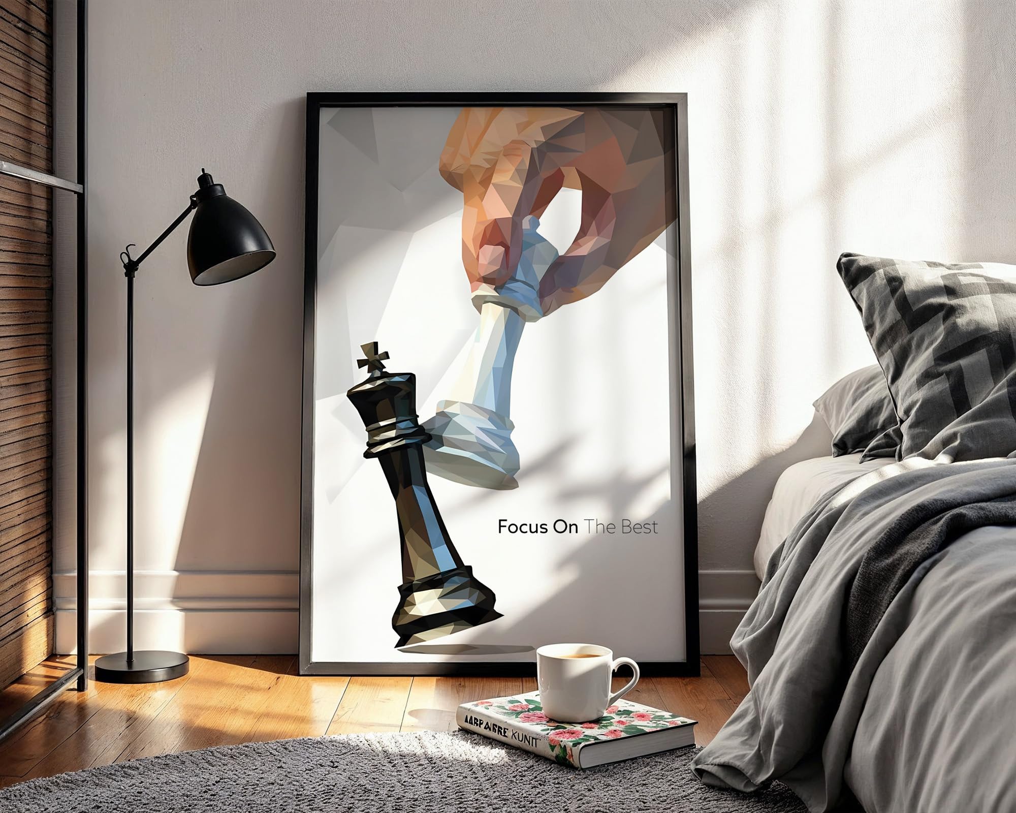 Waltractive "Focus on the Best Chess Motivational Framed Poster - Geometric Low-Poly Art - Inspirational Wall Decor for Home Office - Sleek Black Frame - Available in 33x22 and 48x33 CM